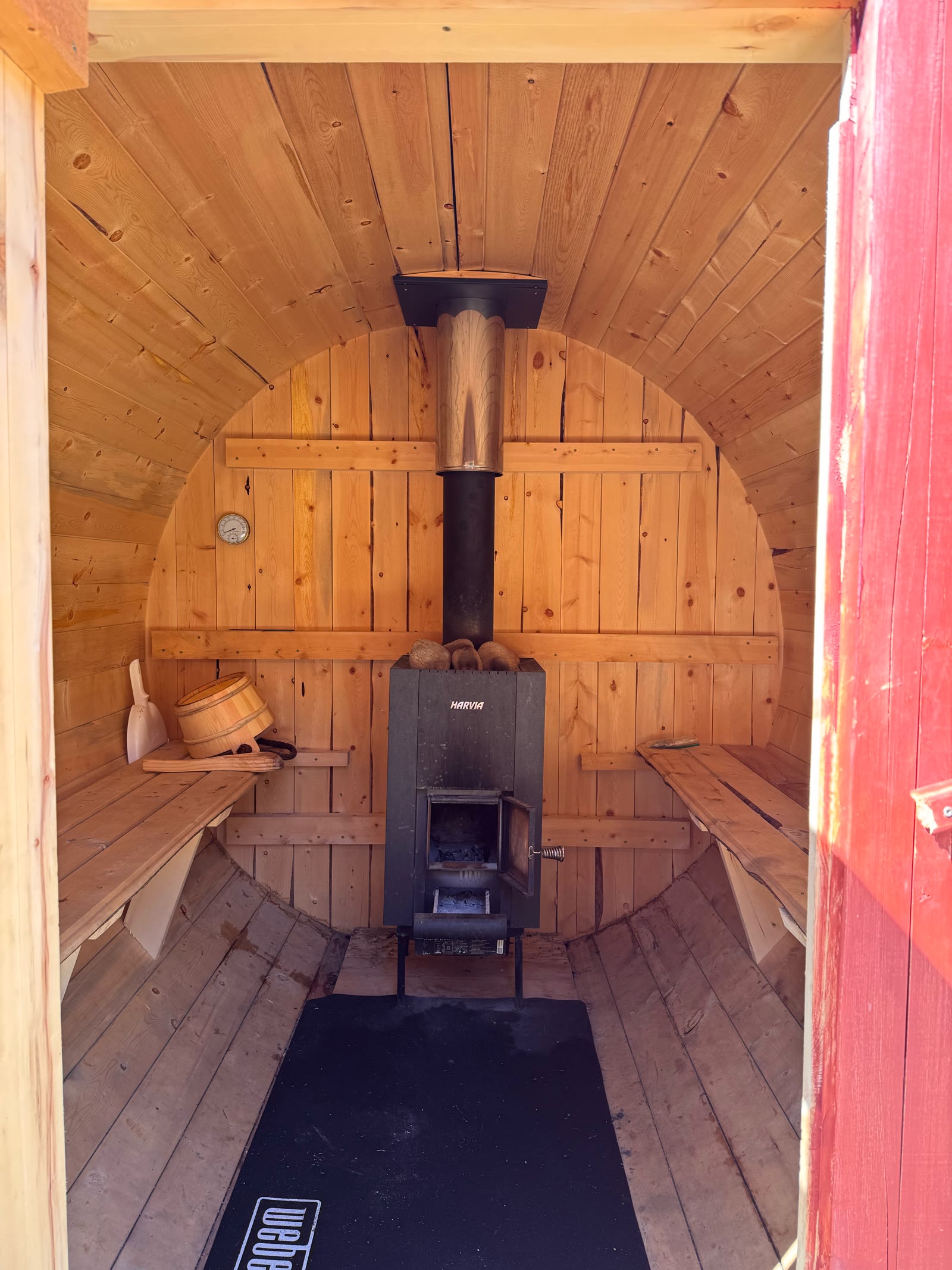 Inside the barrel sauna